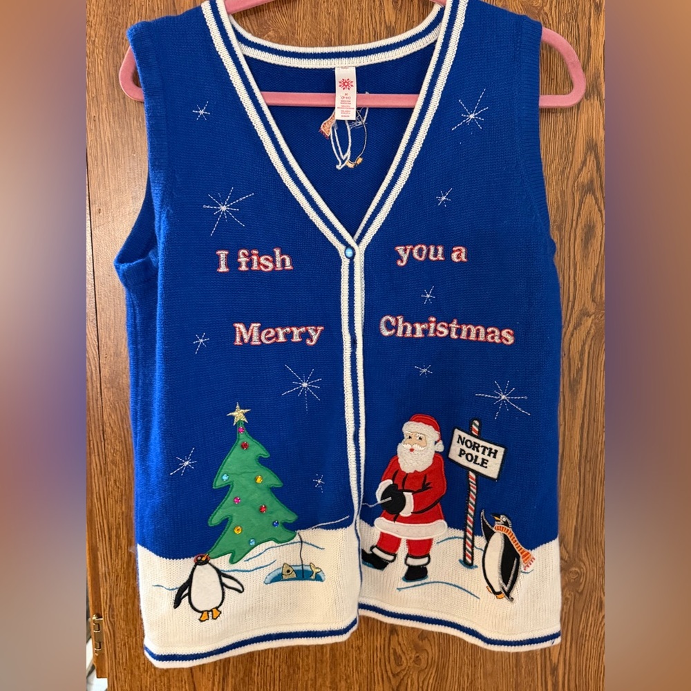 I Fish You A Merry Christmas Sweater Vest medium   Vivid colors    Embroidery